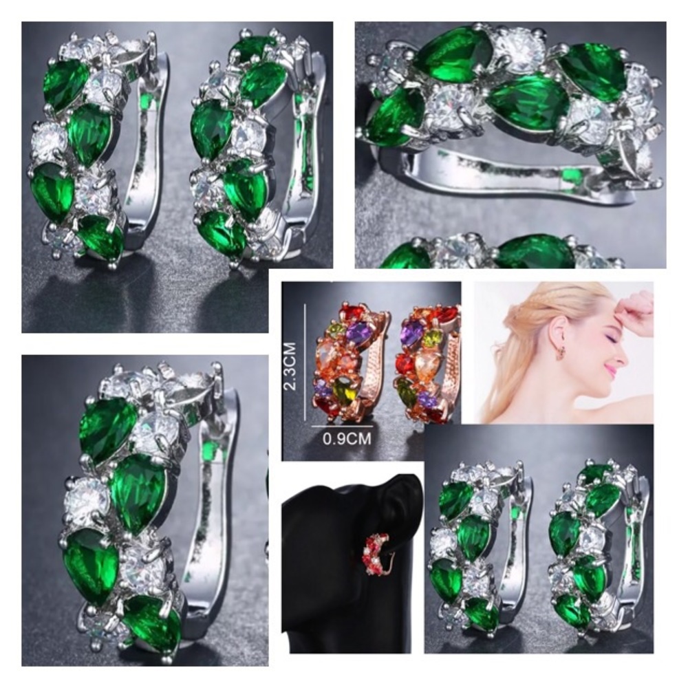 NEW!💙💎EMERALD GREEN💚WHITE CZ SILVERY HOOPS!💎💙 - Picture 2 of 8